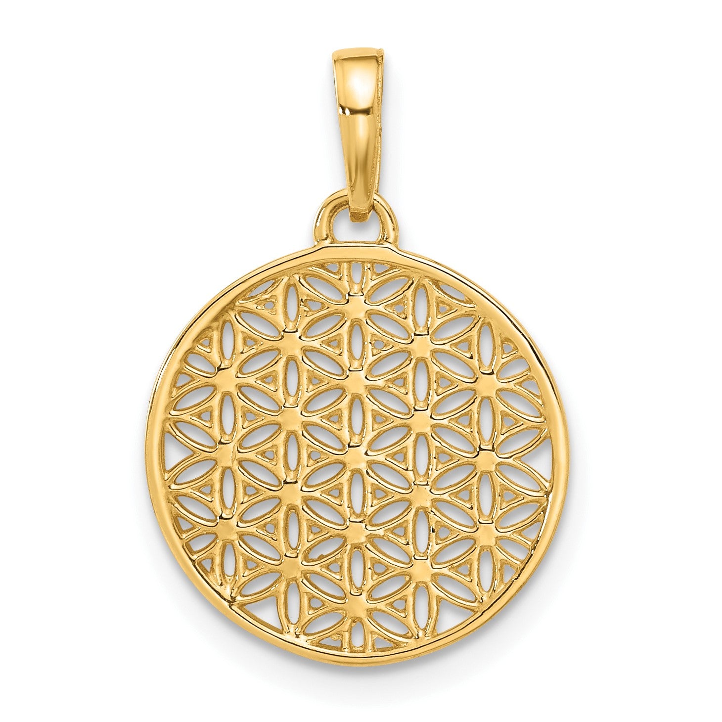 14K and White Rhodium Polished and Diamond-cut Flower Circle Pendant