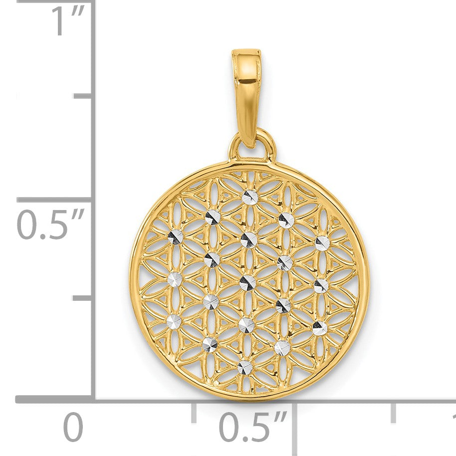 14K and White Rhodium Polished and Diamond-cut Flower Circle Pendant