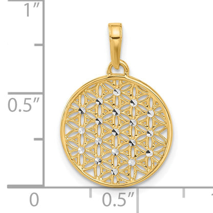 14K and White Rhodium Polished and Diamond-cut Flower Circle Pendant
