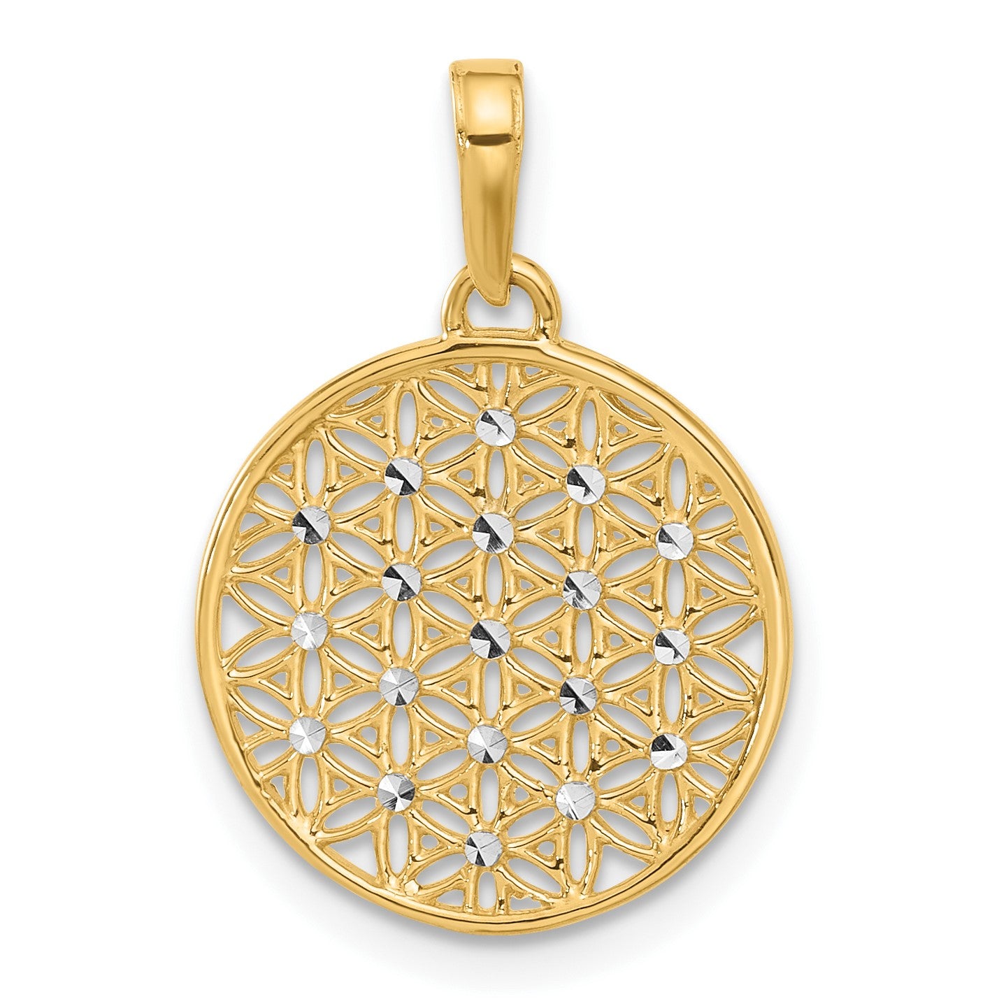 14K and White Rhodium Polished and Diamond-cut Flower Circle Pendant