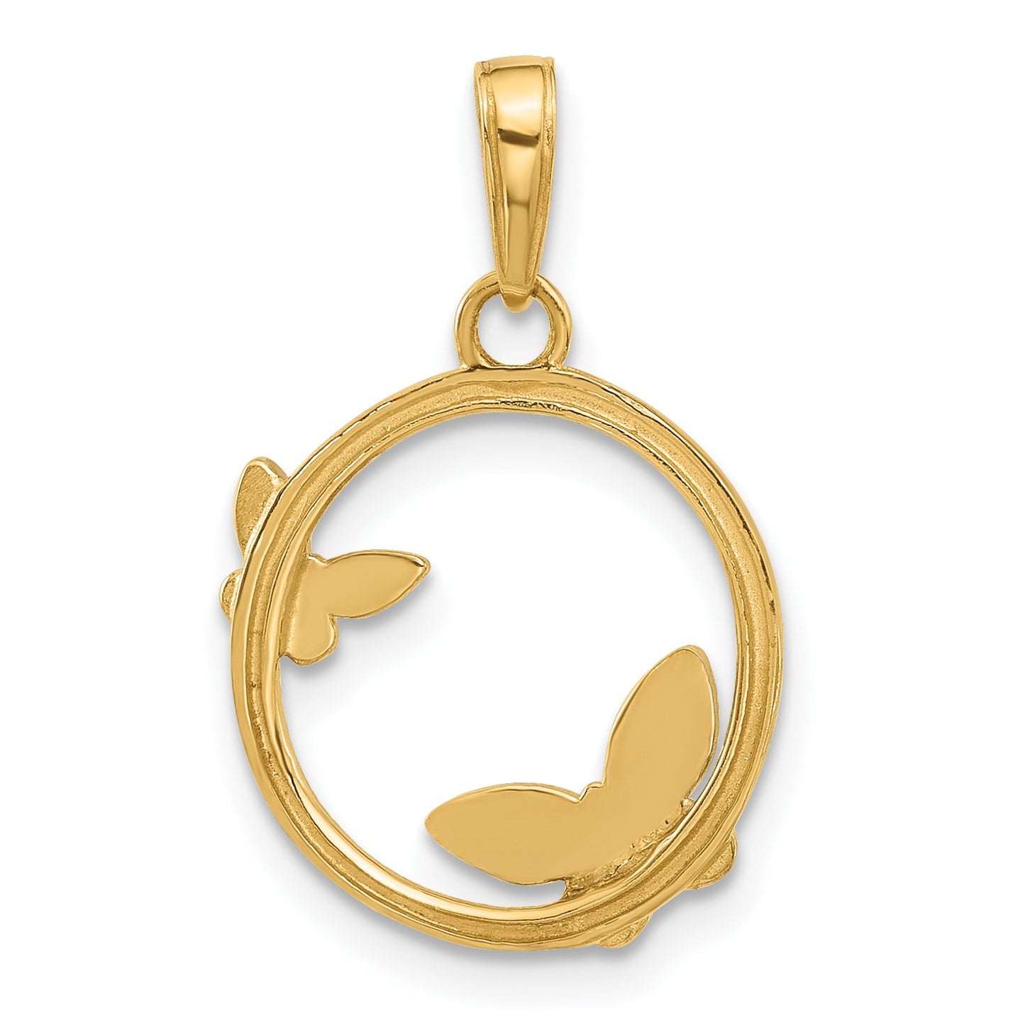 14K and White Rhodium Diamond-cut Butterflies on Circle Pendant