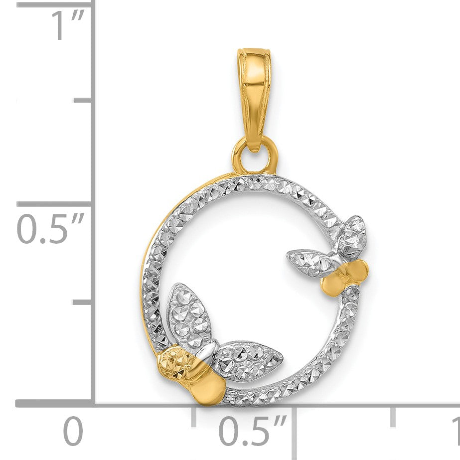 14K and White Rhodium Diamond-cut Butterflies on Circle Pendant