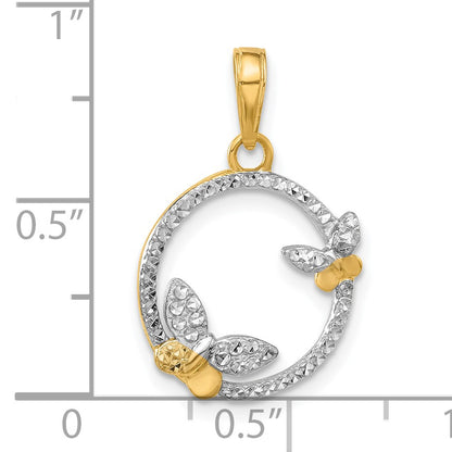 14K and White Rhodium Diamond-cut Butterflies on Circle Pendant