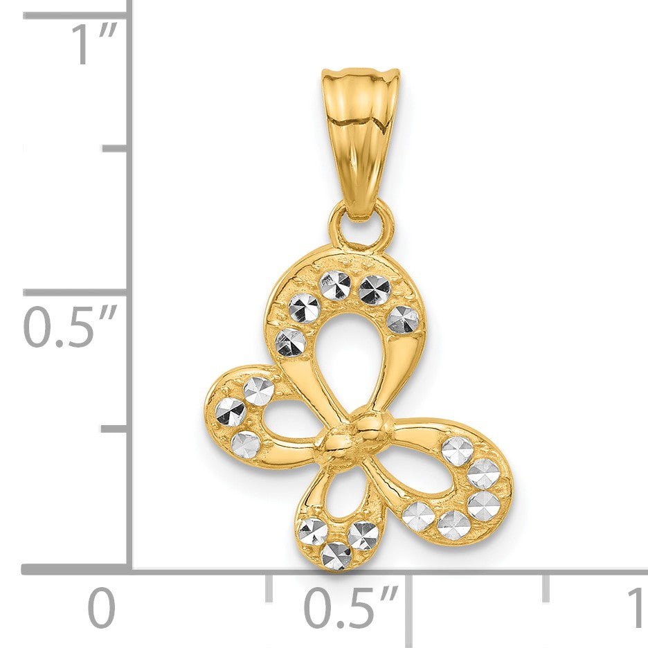 14K and White Rhodium Polished and Diamond-cut Butterfly Pendant
