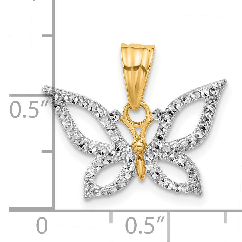 14K and White Rhodium Polished and Diamond-cut Butterfly Pendant