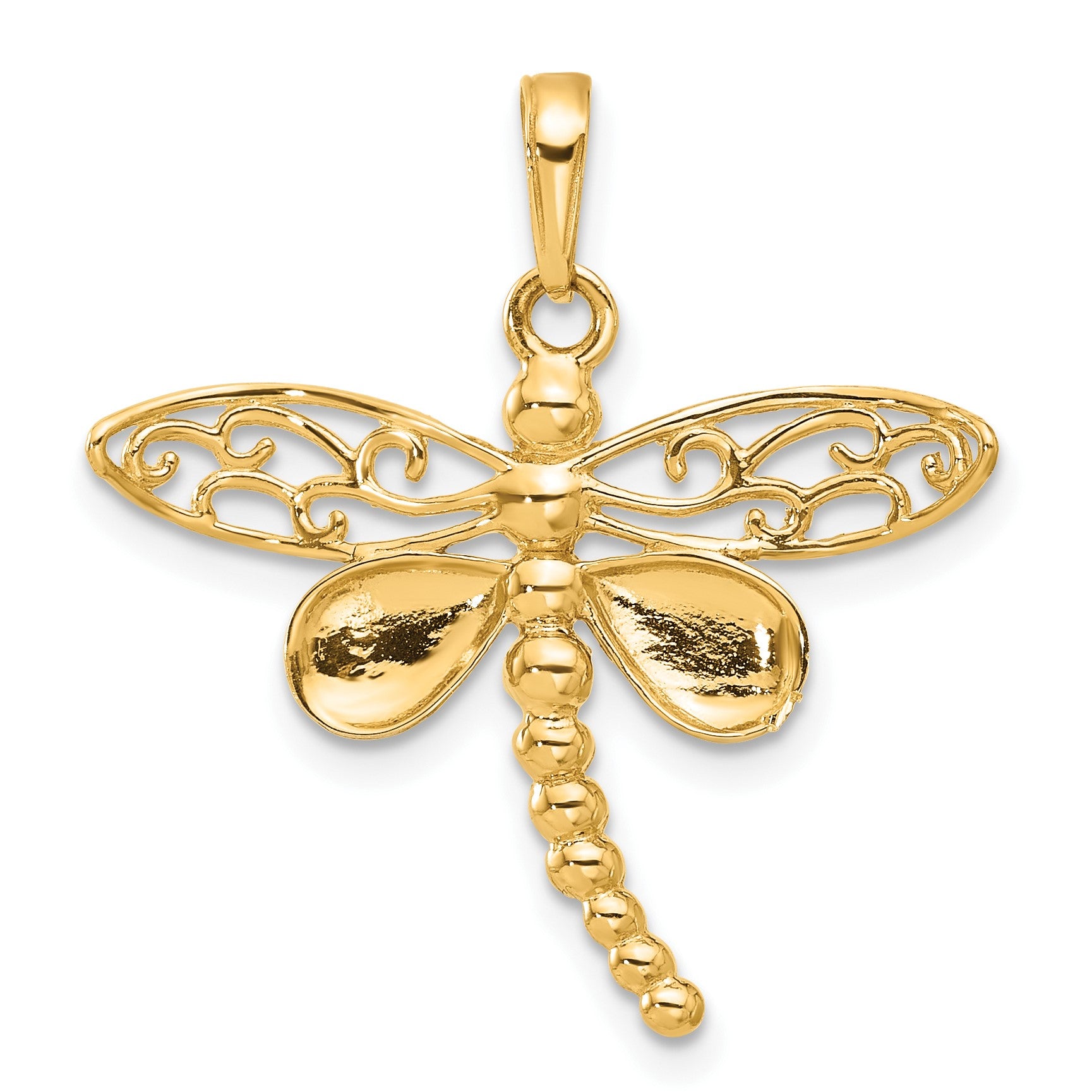 14k and White Rhodium Polished and Diamond-cut Dragonfly Pendant