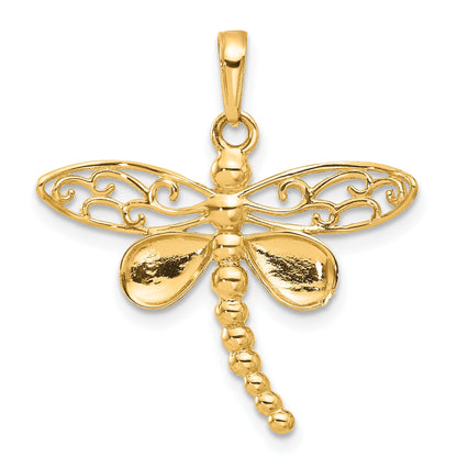 14k and White Rhodium Polished and Diamond-cut Dragonfly Pendant