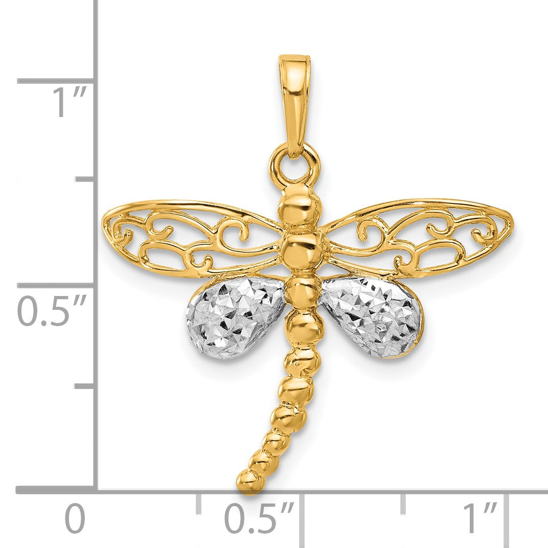 14k and White Rhodium Polished and Diamond-cut Dragonfly Pendant