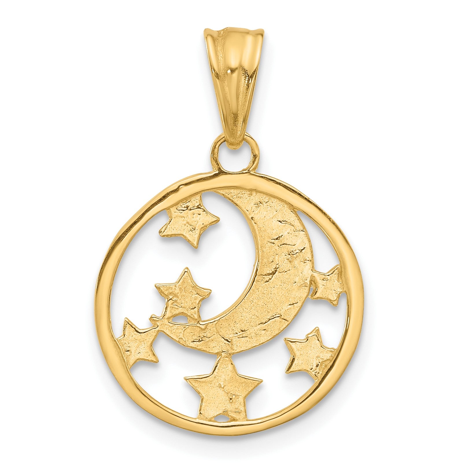 14K and White Rhodium Diamond-cut Moon and Stars Pendant