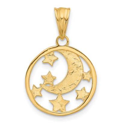14K and White Rhodium Diamond-cut Moon and Stars Pendant