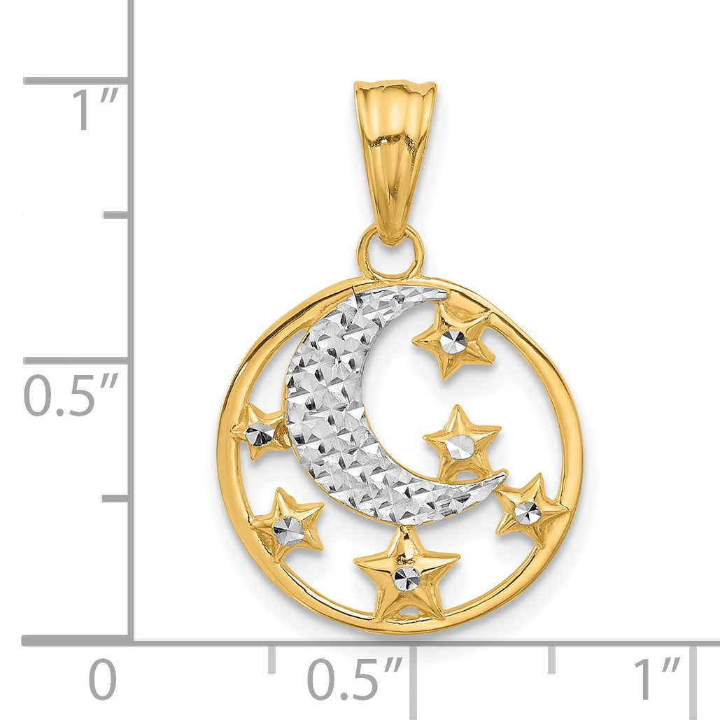 14K and White Rhodium Diamond-cut Moon and Stars Pendant