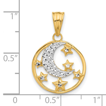 14K and White Rhodium Diamond-cut Moon and Stars Pendant
