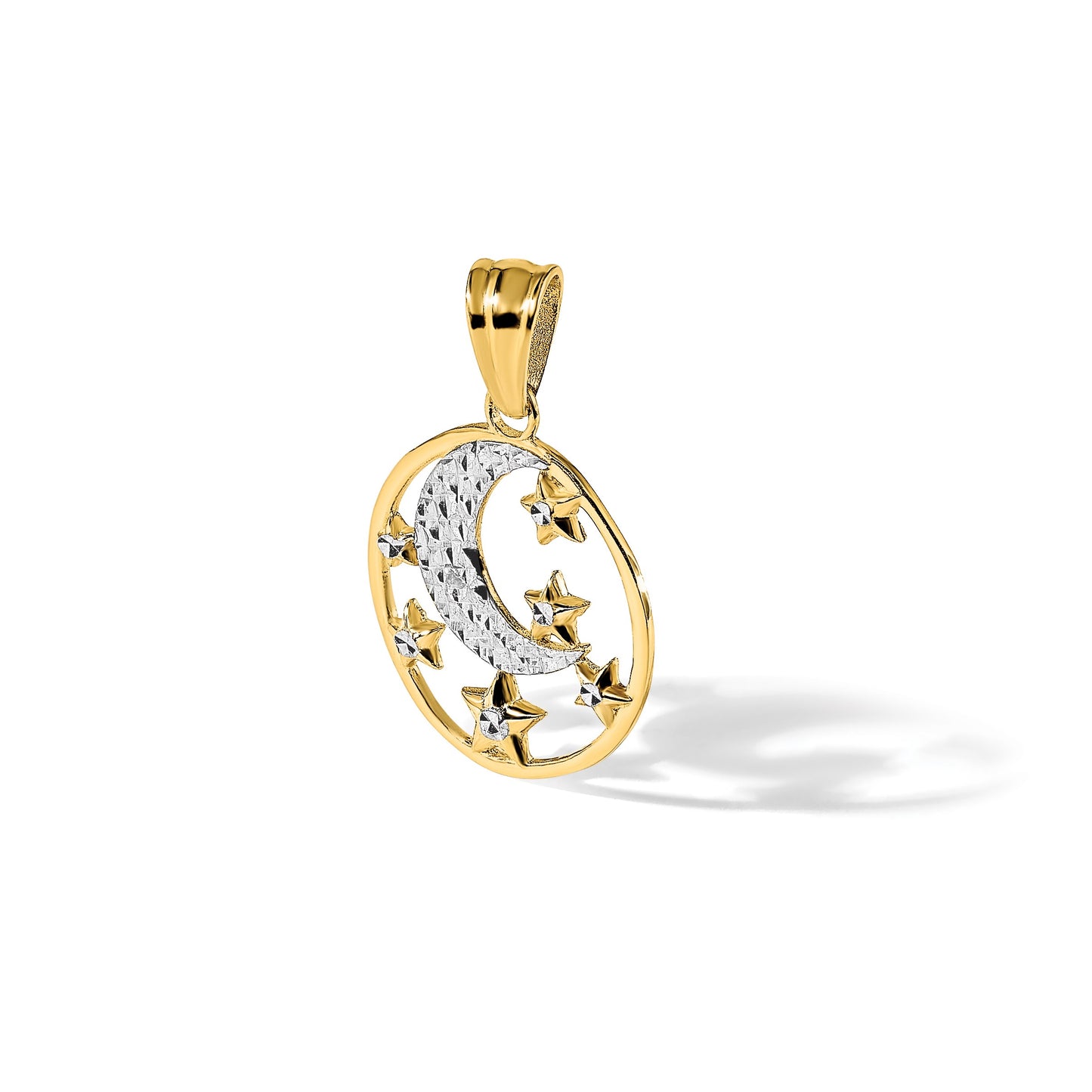 14K and White Rhodium Diamond-cut Moon and Stars Pendant