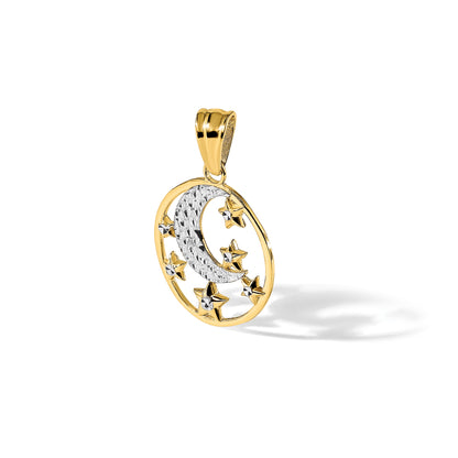 14K and White Rhodium Diamond-cut Moon and Stars Pendant
