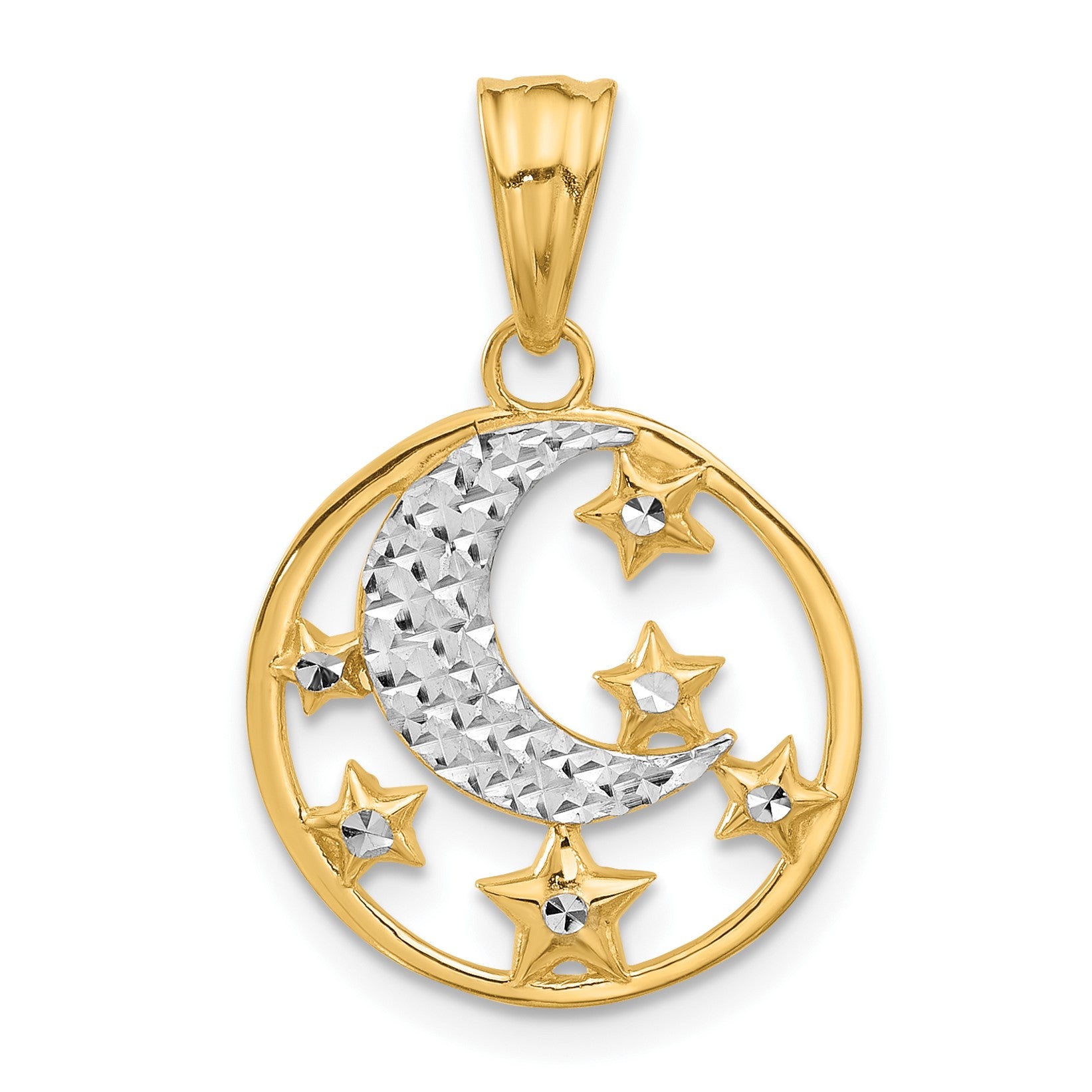 14K and White Rhodium Diamond-cut Moon and Stars Pendant