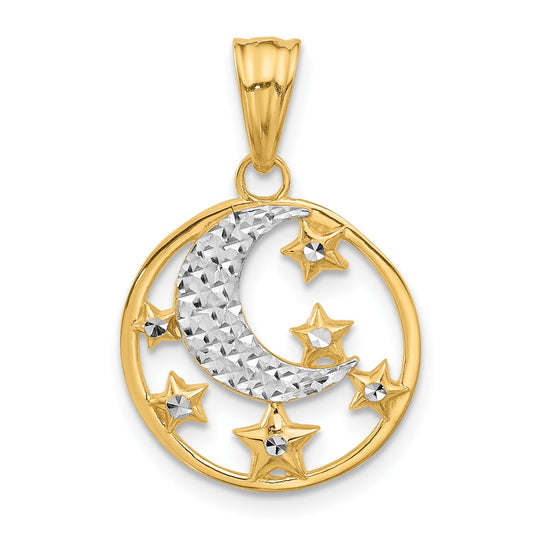14K and White Rhodium Diamond-cut Moon and Stars Pendant