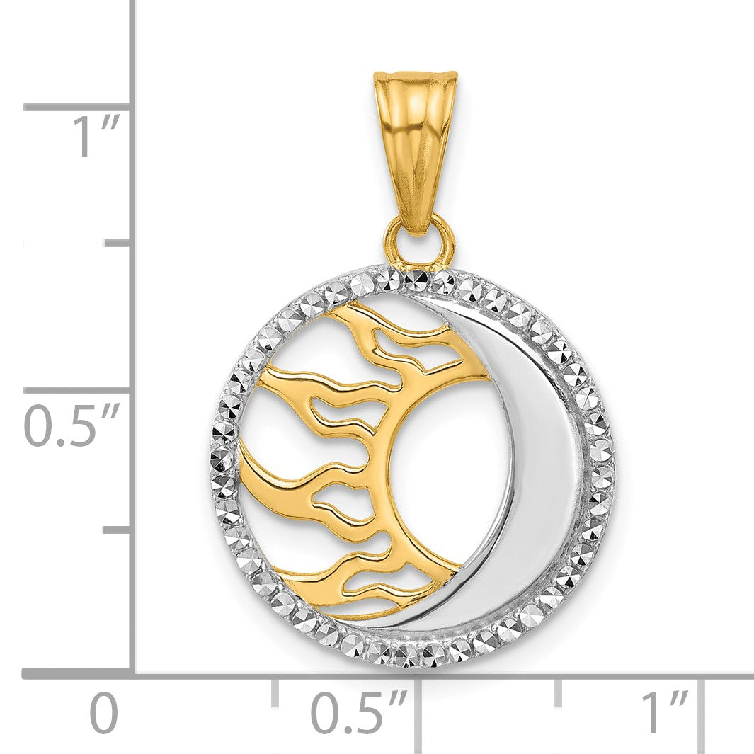 14K and White Rhodium Diamond-cut Sun and Moon Pendant