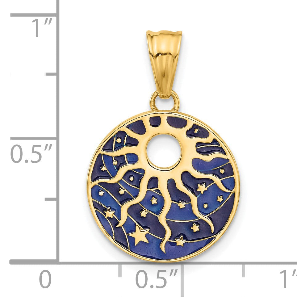 14K Polished Blue Enameled Sun and Stars Pendant