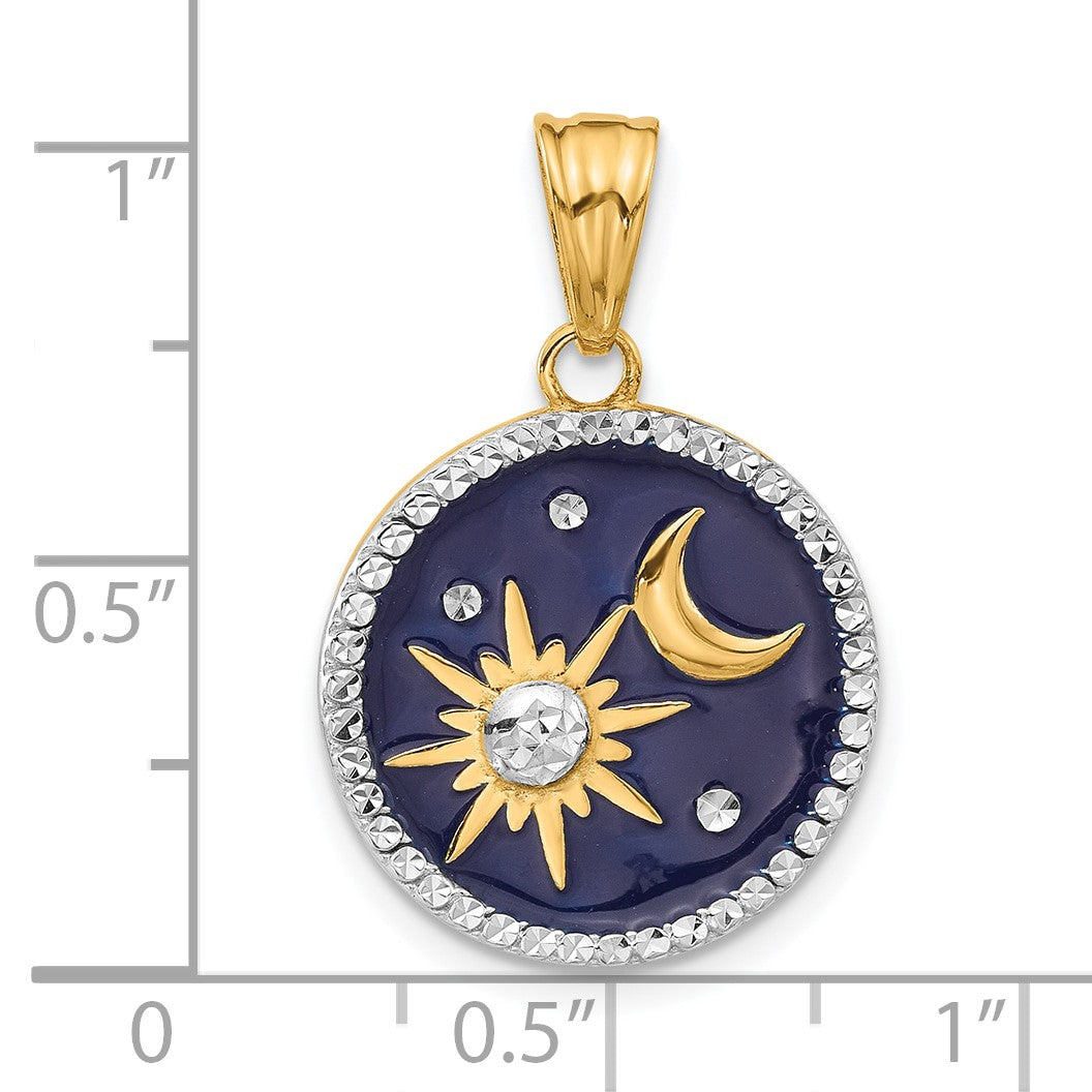 14K and White Rhodium Diamond-cut Blue Enameled Sun and Moon Pendant