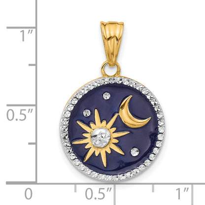 14K and White Rhodium Diamond-cut Blue Enameled Sun and Moon Pendant