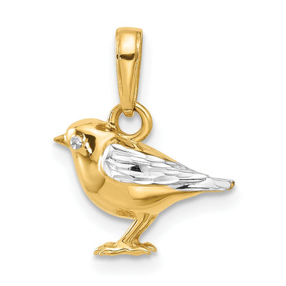 14K and White Rhodium Diamond-cut 3-D Bird Pendant