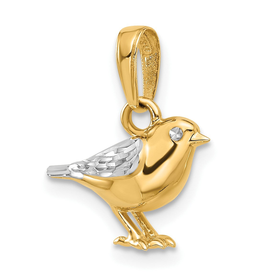 14K and White Rhodium Diamond-cut 3-D Bird Pendant