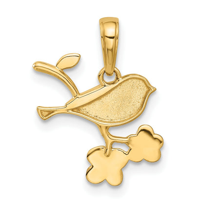 14K and White Rhodium Diamond-cut Bird on Branch Pendant