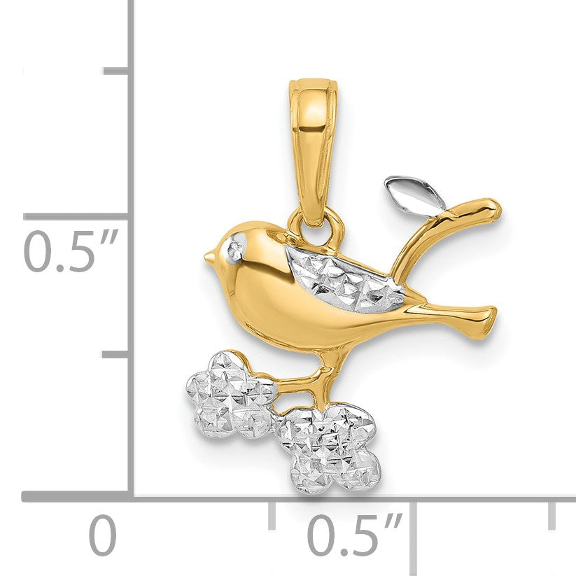 14K and White Rhodium Diamond-cut Bird on Branch Pendant