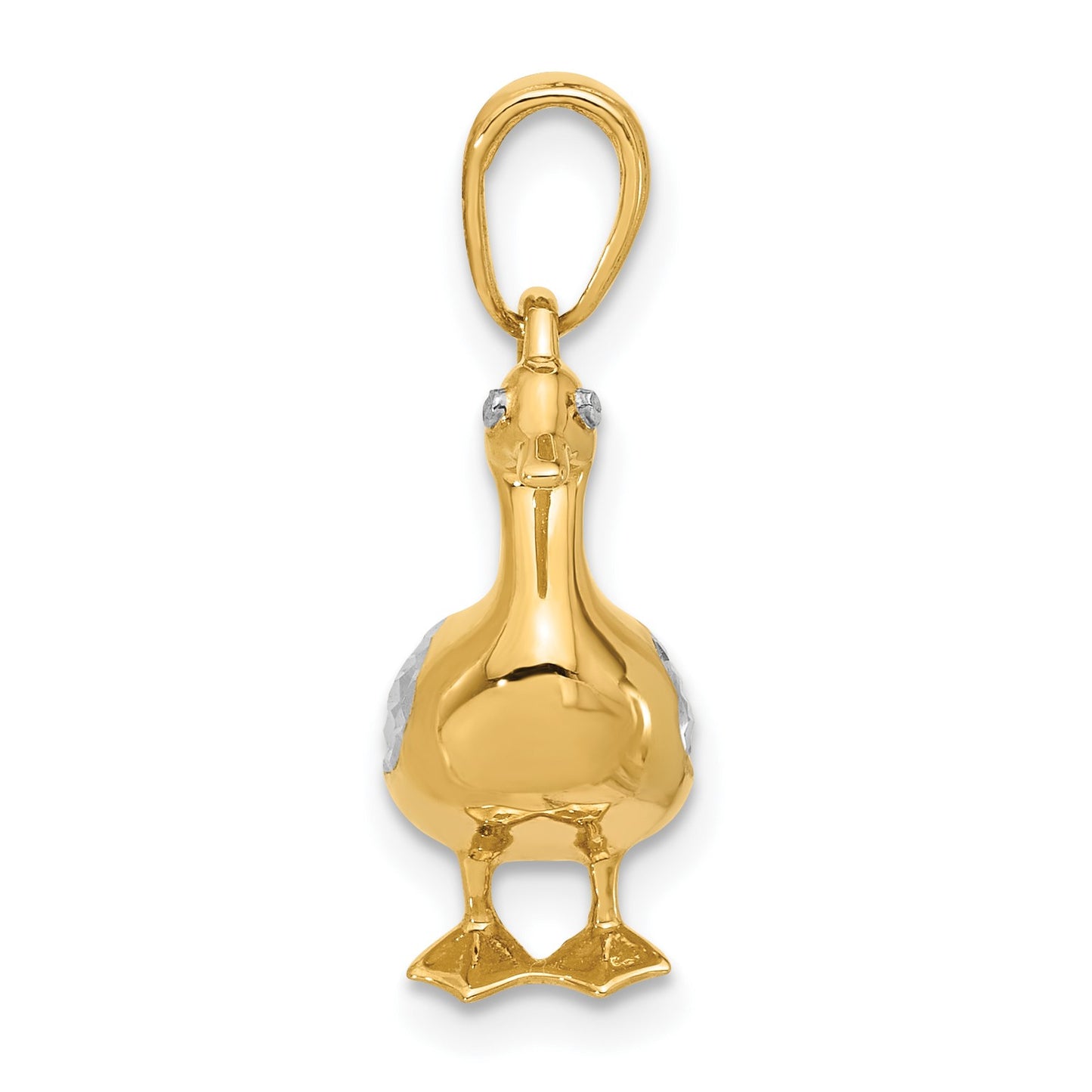 14K and White Rhodium Diamond-cut 3-D Duck Pendant