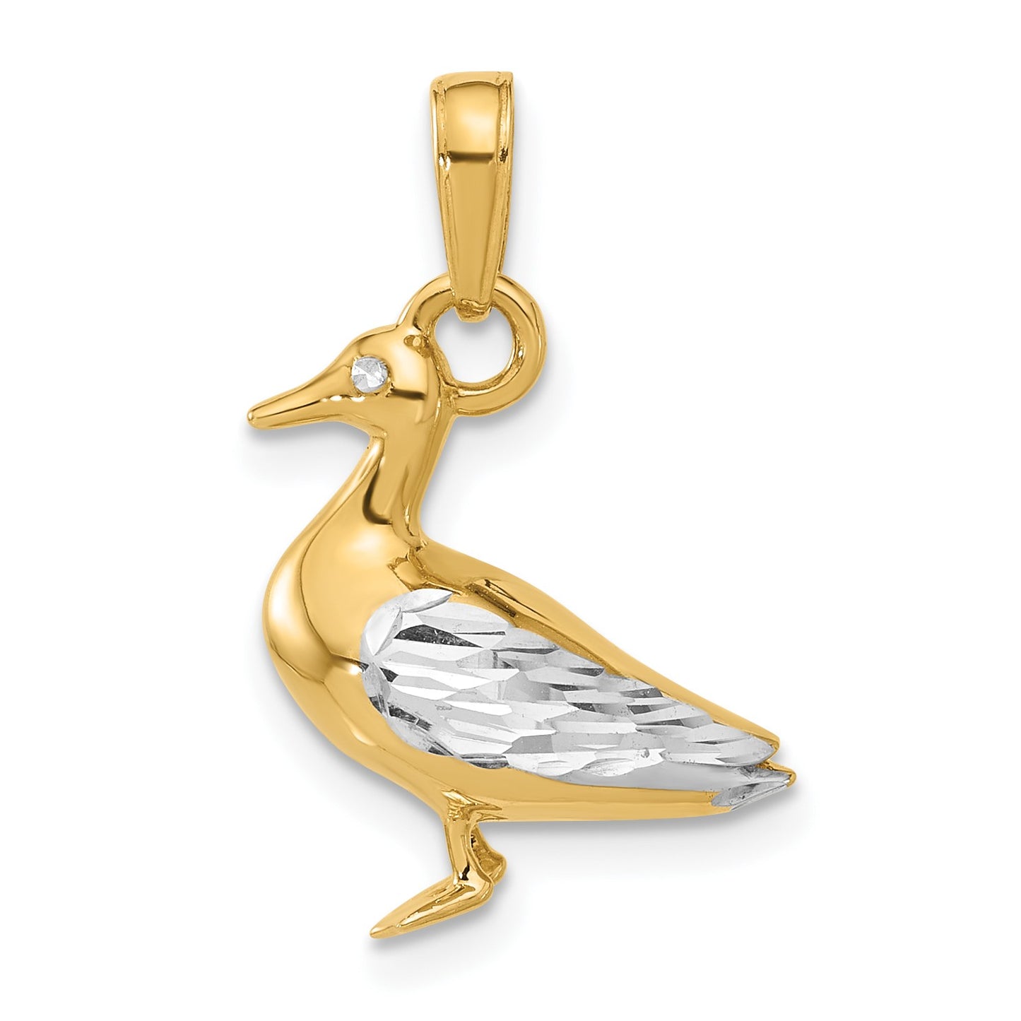 14K and White Rhodium Diamond-cut 3-D Duck Pendant