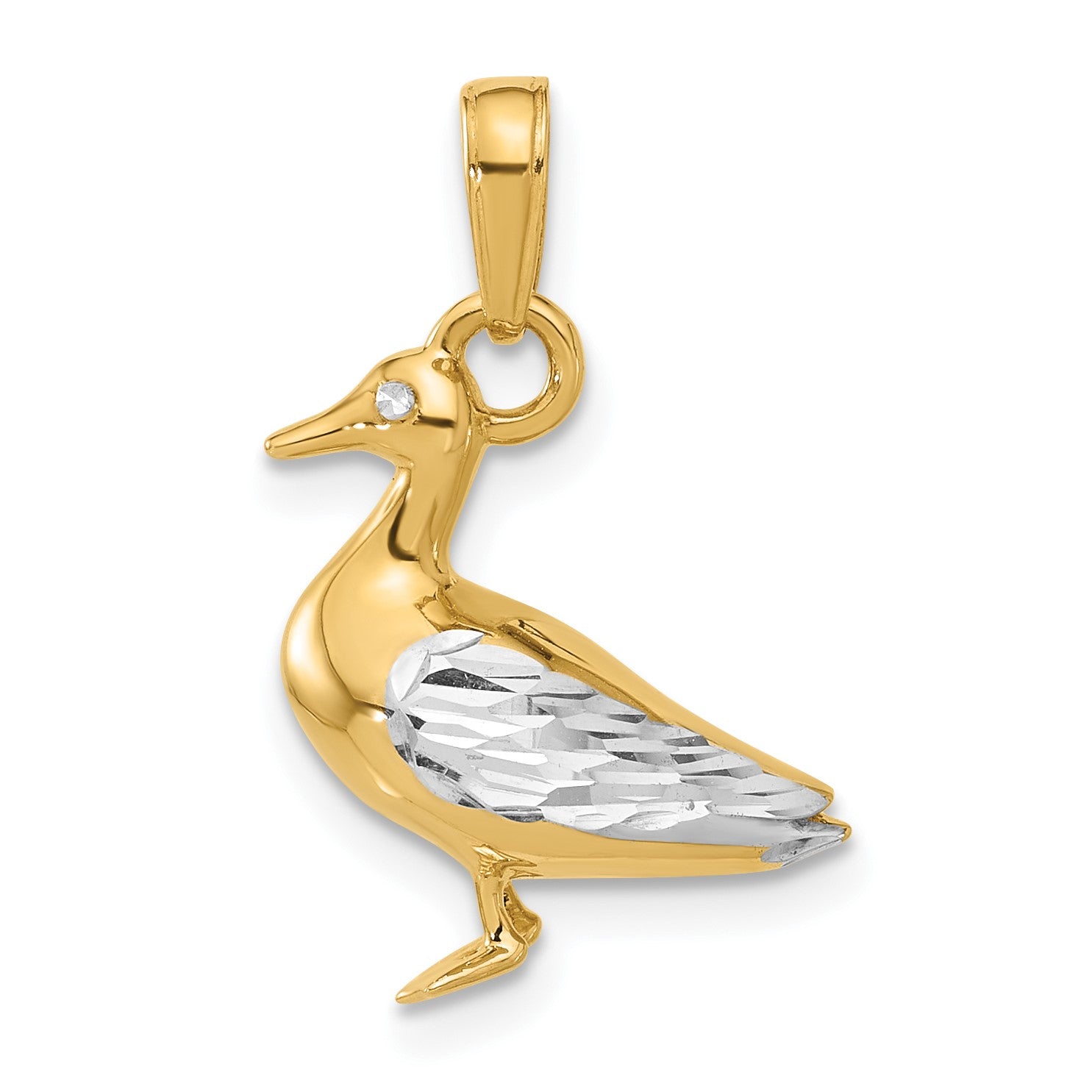 14K and White Rhodium Diamond-cut 3-D Duck Pendant