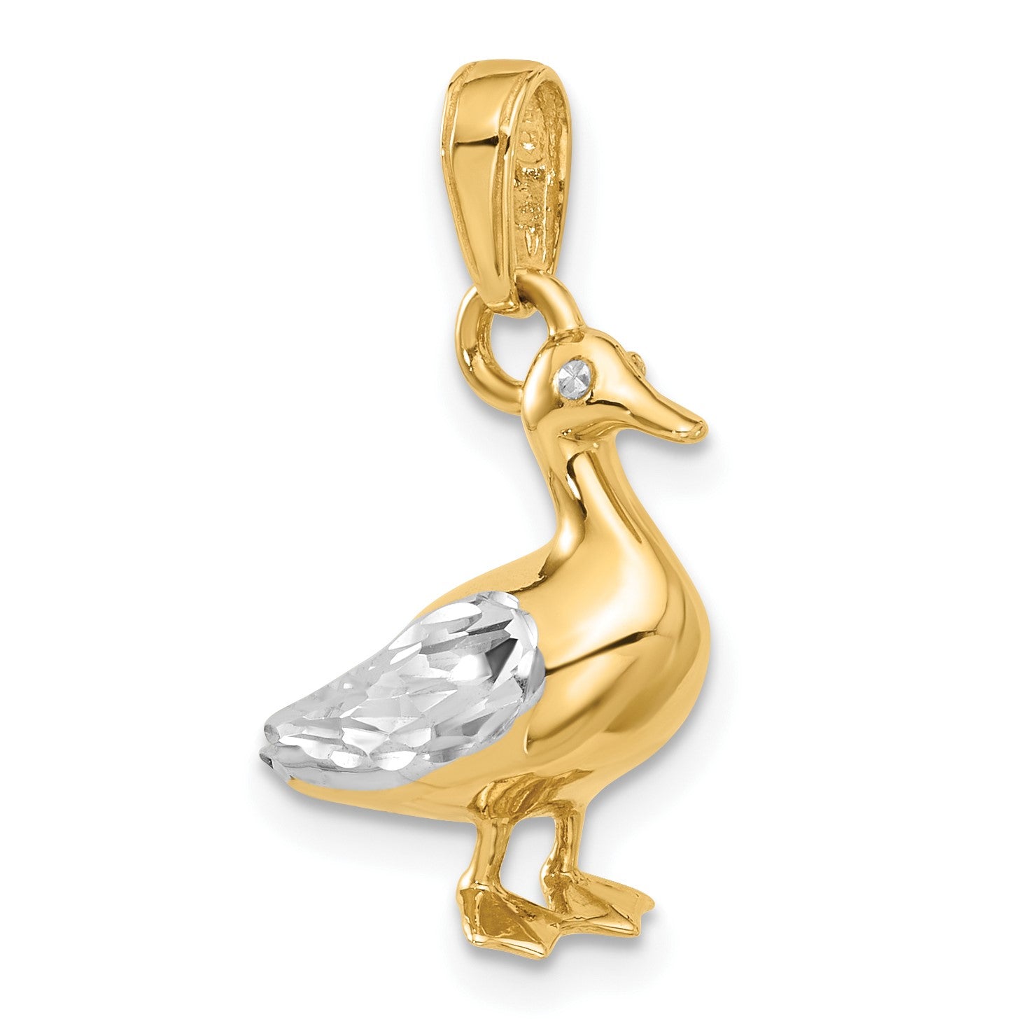 14K and White Rhodium Diamond-cut 3-D Duck Pendant