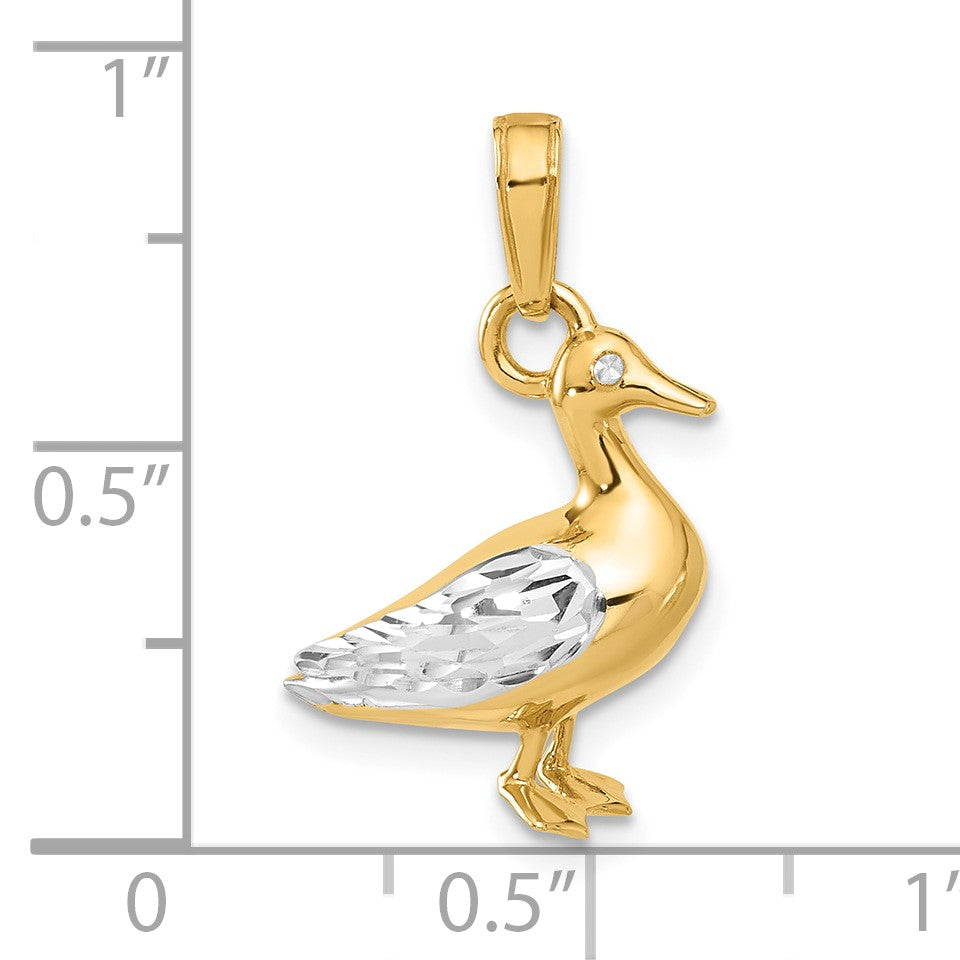 14K and White Rhodium Diamond-cut 3-D Duck Pendant