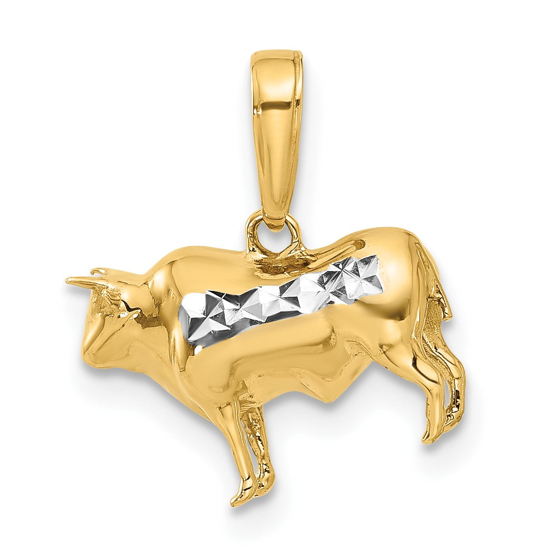 14k and White Rhodium Diamond-cut 3-D Bull Pendant