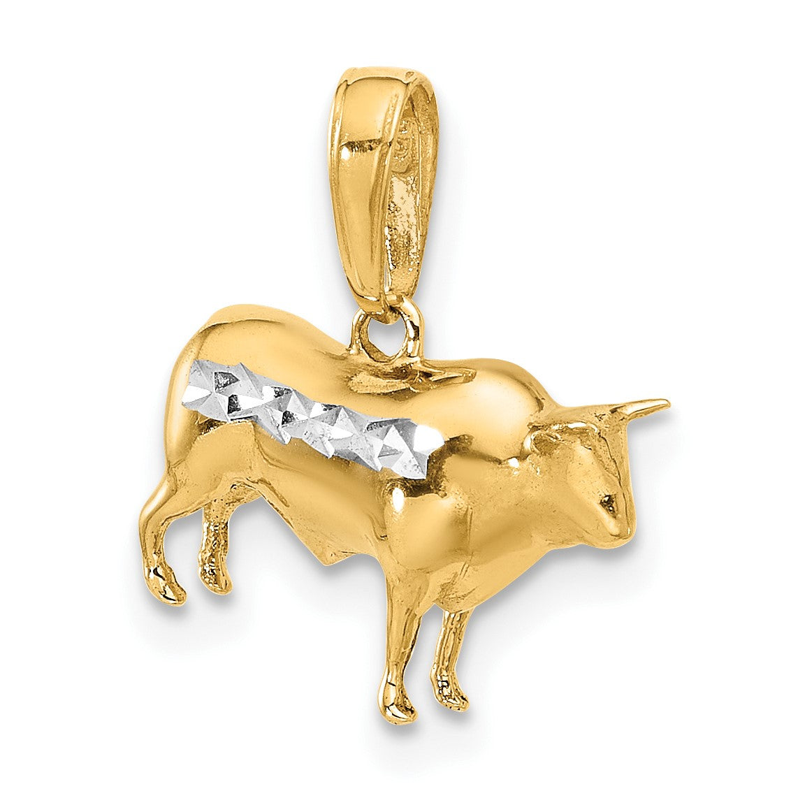 14k and White Rhodium Diamond-cut 3-D Bull Pendant