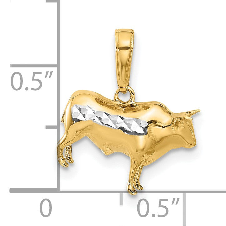 14k and White Rhodium Diamond-cut 3-D Bull Pendant