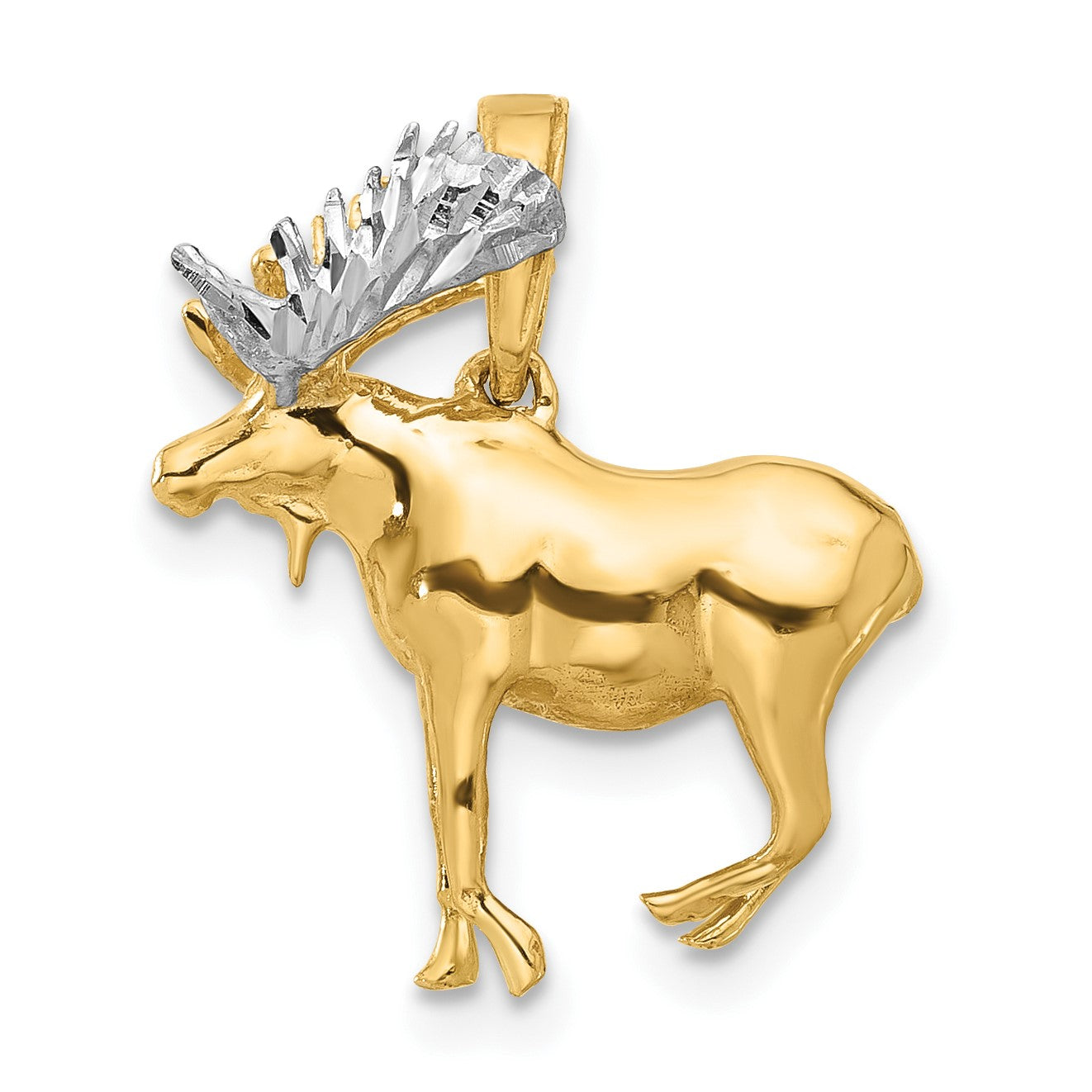 14K and White Rhodium Diamond-cut 3-D Moose Pendant
