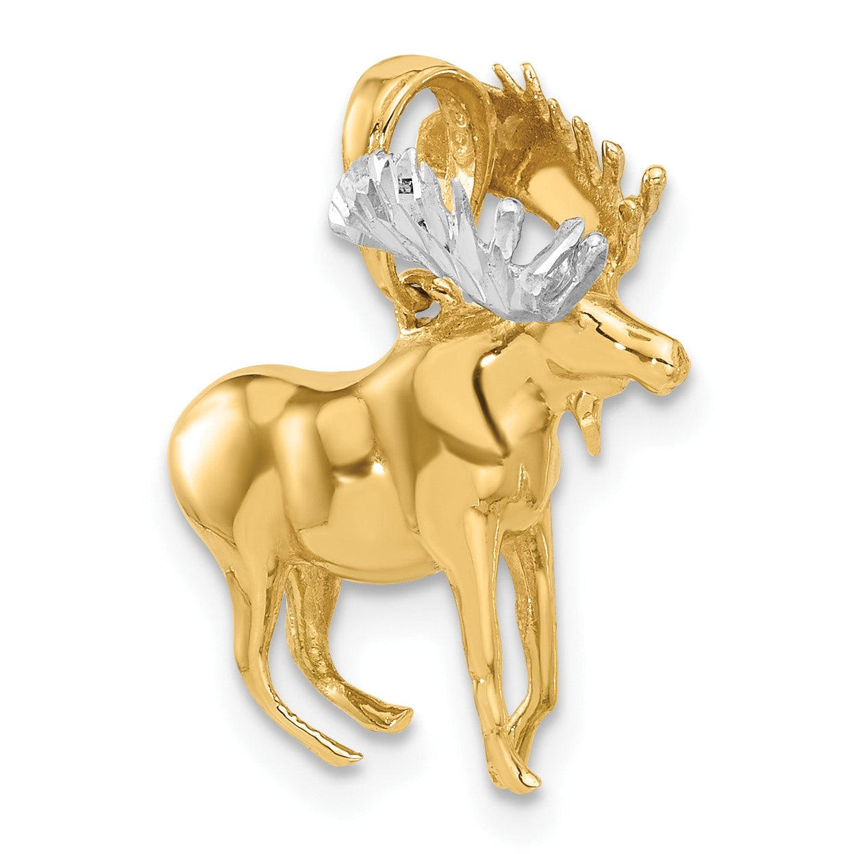 14K and White Rhodium Diamond-cut 3-D Moose Pendant