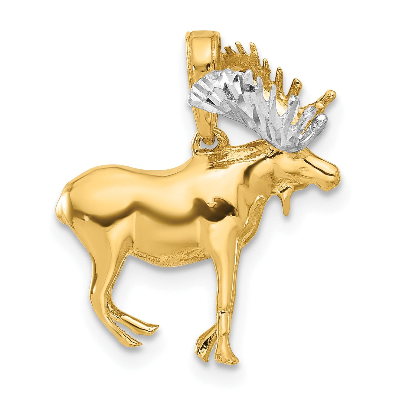 14K and White Rhodium Diamond-cut 3-D Moose Pendant