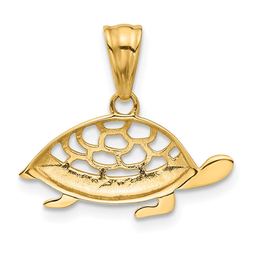 14K with White Rhodium Diamond Cut Turtle Pendant