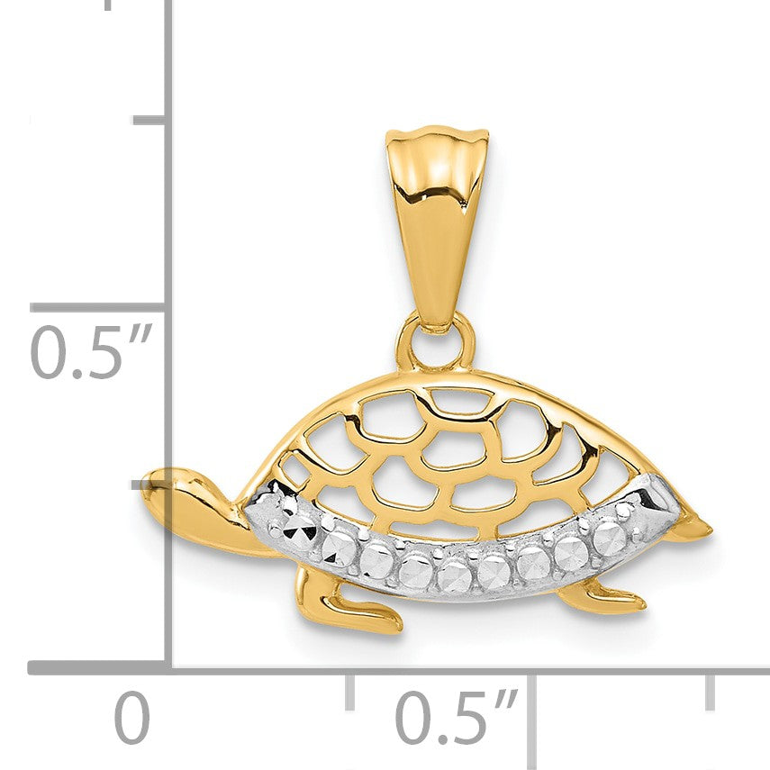 14K and White Rhodium Diamond-cut Turtle Pendant