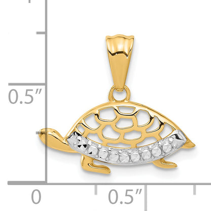 14K and White Rhodium Diamond-cut Turtle Pendant