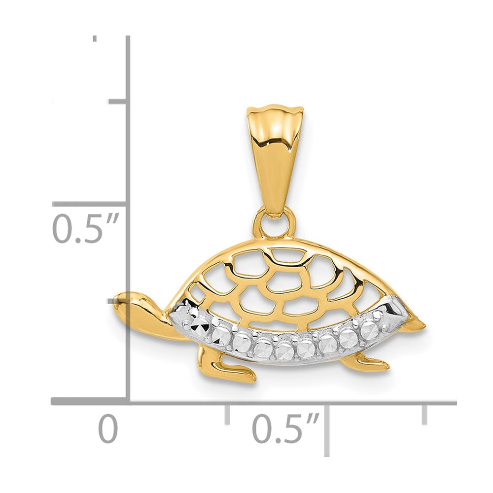 14K with White Rhodium Diamond Cut Turtle Pendant