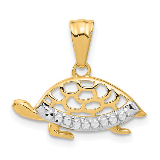 14K and White Rhodium Diamond-cut Turtle Pendant