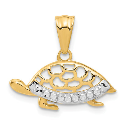 14K with White Rhodium Diamond Cut Turtle Pendant