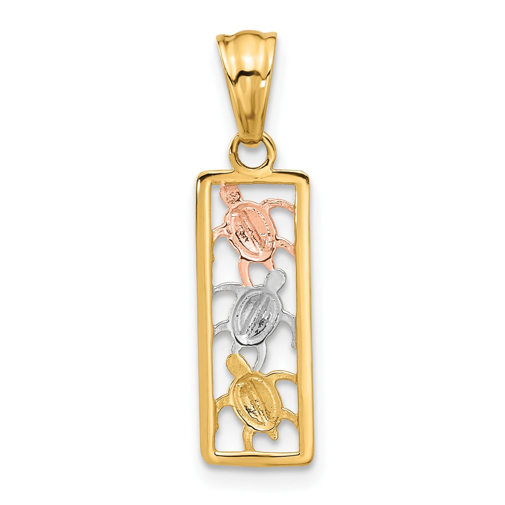 14K Two-tone with White Rhodium Polished Turtles Rectangle Pendant