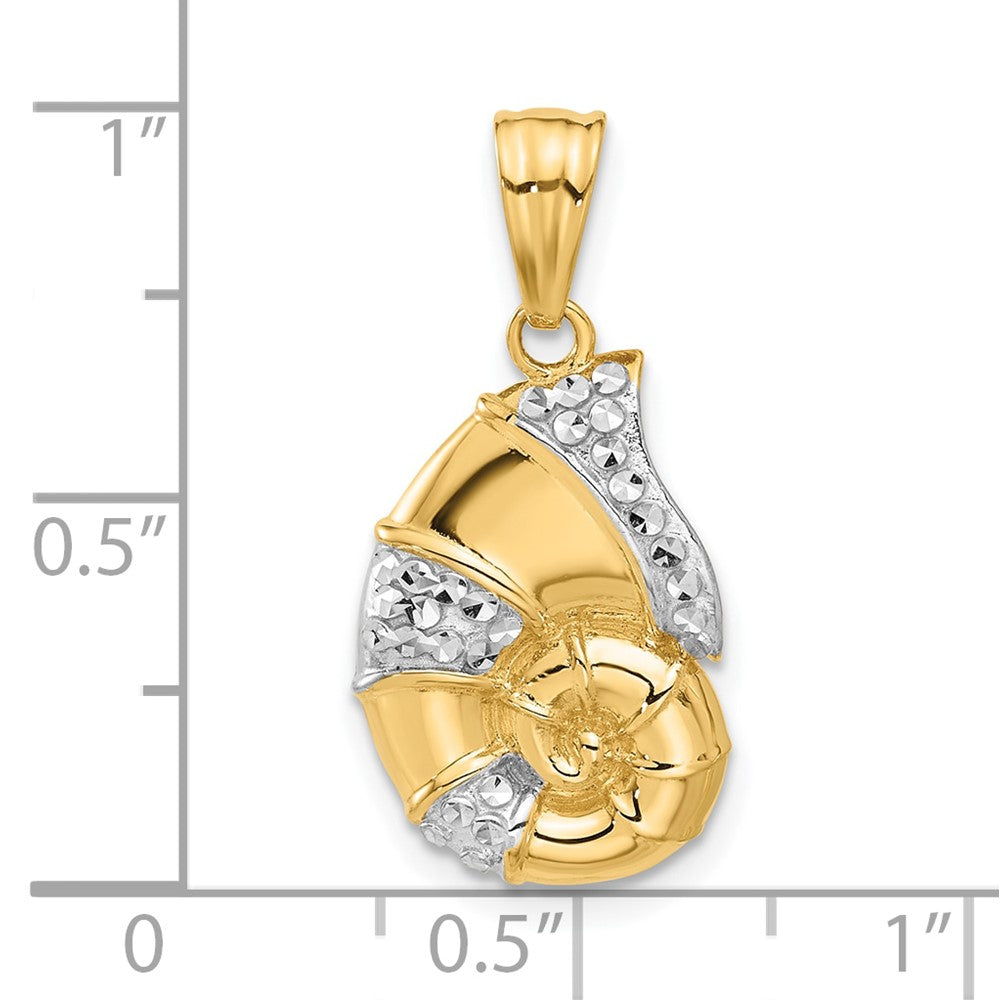 14K with White Rhodium Polished and Diamond Cut Nautilus Shell Pendant