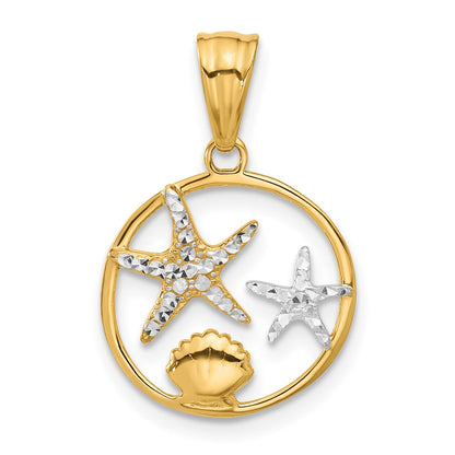 14K with White Rhodium Diamond Cut Starfish Seashell in Circle Pendant