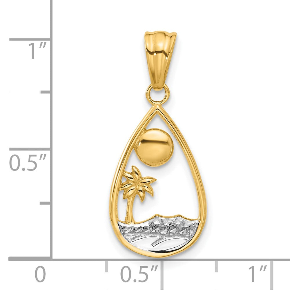 14K with White Rhodium Diamond Cut Ocean Scene Teardrop Pendant