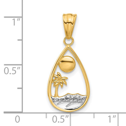 14K with White Rhodium Diamond Cut Ocean Scene Teardrop Pendant